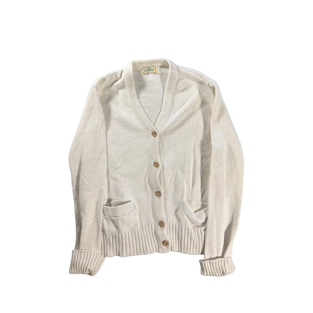 Vintage 80s LL Bean Cardigan Sweater Cream Cotton Knit V-Neck Button Front 797